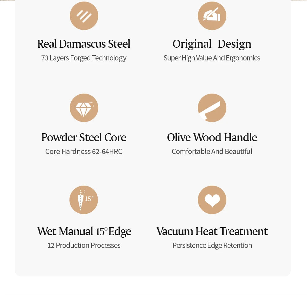 XINZUO 1-8pcs Kitchen Knife Set 73 Layers Custom Damascus Steel 15°±1 Per Side Steel Blade with Olive Wood Handle.