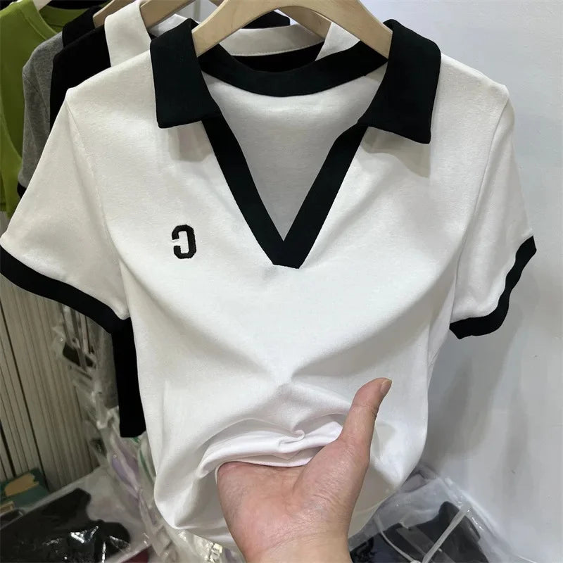 Summer Hot Sale Of The Season Women's Grey Short Sleeve Polo Neck T-Shirt Pure Cotton Slim Fit Base Shirt Trendy Top Quality Chi.