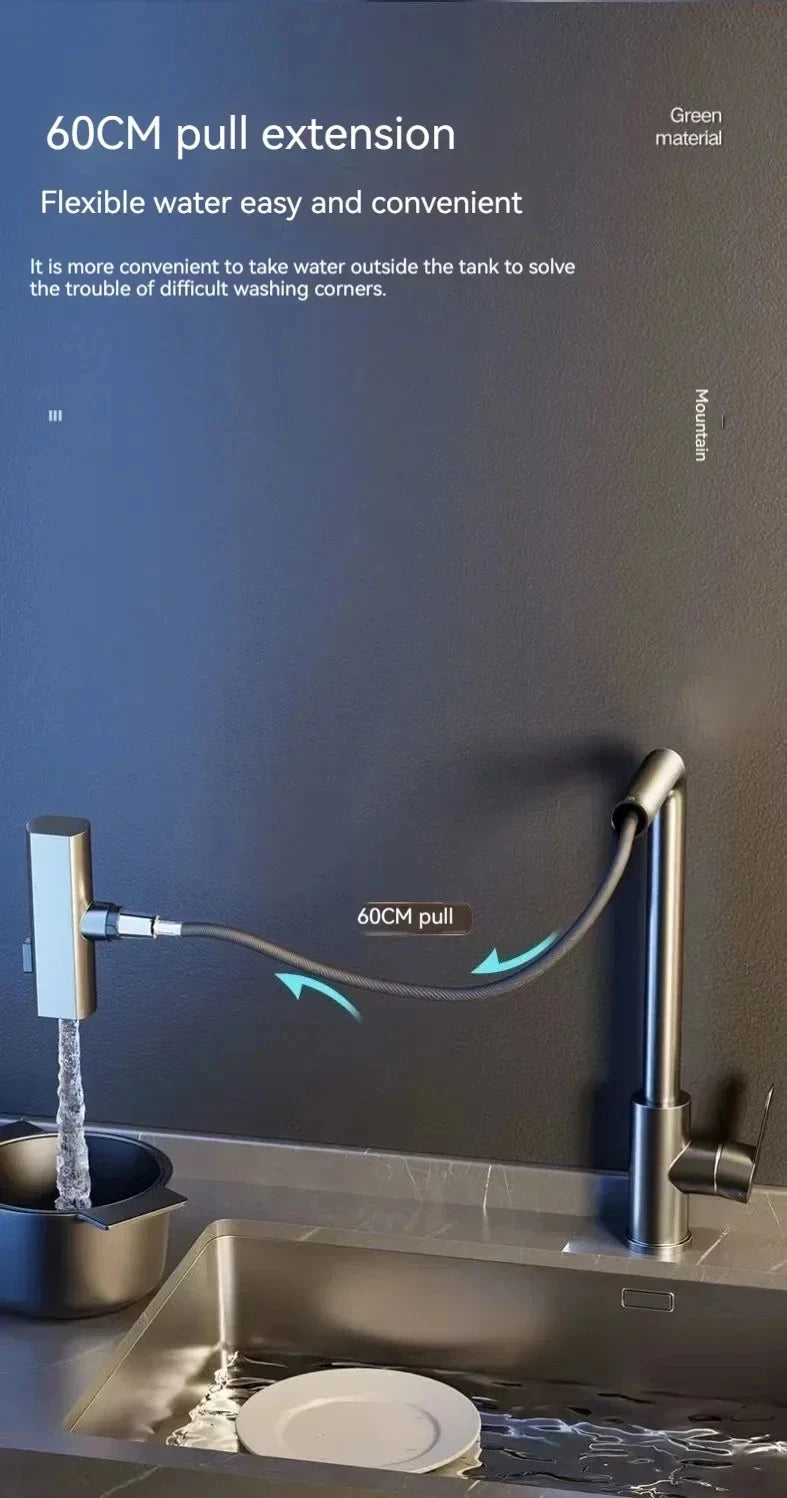 Black/Gray/Silver Pull-Out Kitchen Faucet Three Water Stream Sprayer Stainless Steel Hot and Cold Water Mixing Faucet Countertop