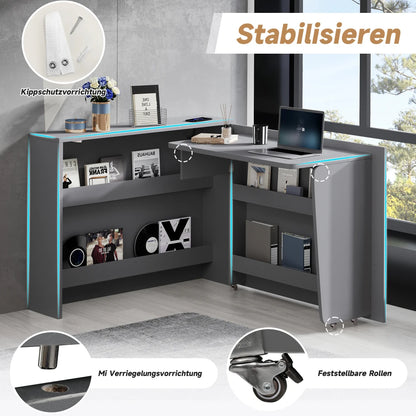 Klappbarer Schreibtisch mit Rollen und kabellosem Ladegerät – 2-in-1-Sideboard und Arbeitsplatz, mit Regal und Kippschutz, Rollen mit Bremstisch