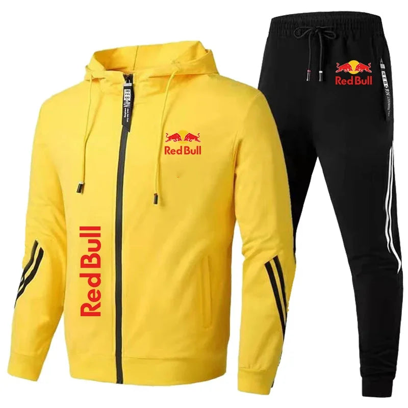 Red Bull Racing Logo Print Men Sportswear Hoodie Sets Zip Sweatshirt+Pants 2 Piece Suit Extreme Sports Custom Red Bull Tracksuit.
