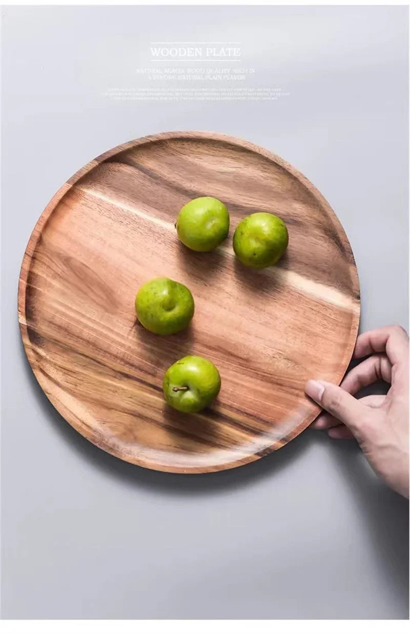 15/20/25cm Wooden Round Serving Platter Tray Retro Wood Pizza Salad Plate Fruit Dessert Tray Bread Cake Container Snacks Dish.