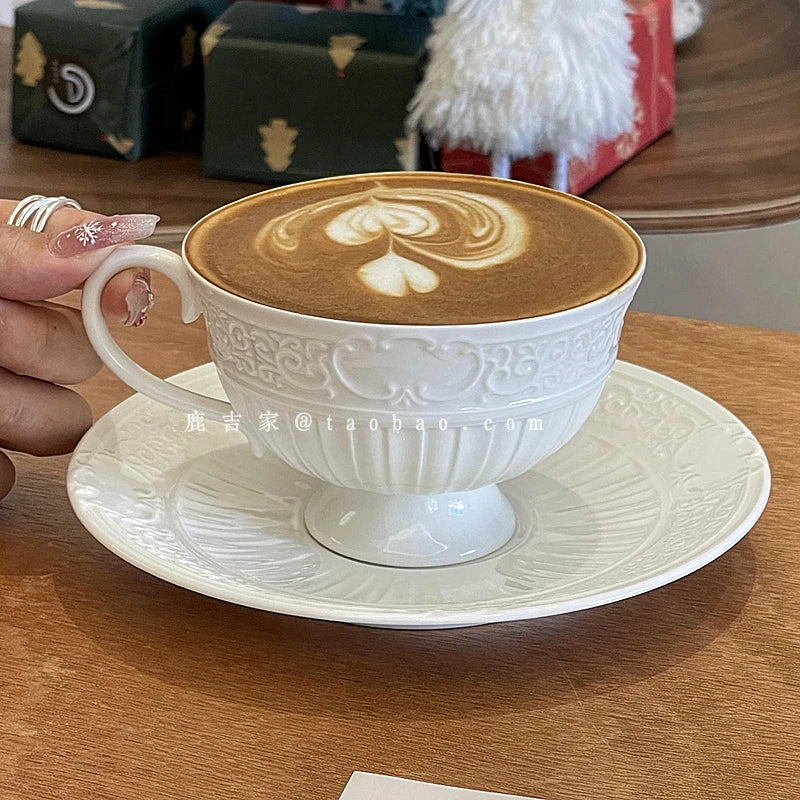 French Retro Relief Flower Cup and Dish Set, Ceramic Coffee Cup, Afternoon Tea Latte Cup, Artistic Home Decoration, Holiday Gift.