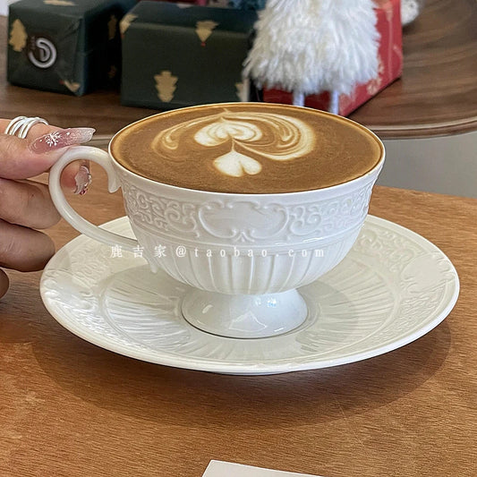 French Retro Relief Flower Cup and Dish Set, Ceramic Coffee Cup, Afternoon Tea Latte Cup, Artistic Home Decoration, Holiday Gift.