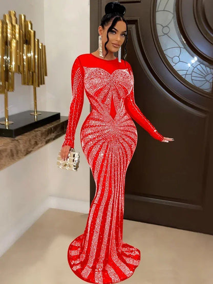 XIZOU Frauen Mesh Patchwork Diamanten Heißer Strass Bodenlangen Bodycon Meerjungfrau Maxi Kleid Sexy Party Abend Vestidos 2024