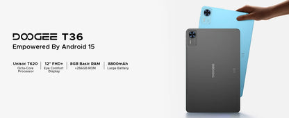 DOOGEE T36 Smart Tablet PC Android 15 12'' Display 32GB RAM (8GB+24GB) 256GB Unisoc T620 Octa Core 8800mAh Battery Widevine L1.