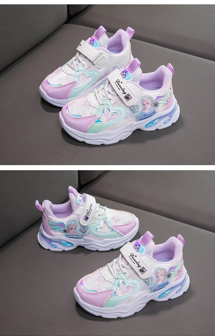 Disney Girls' Casual Shoes Frozen Priness Elsa Sneakers Mesh Leather White Breathable Sole Children's Sport Shoes Size 26-37