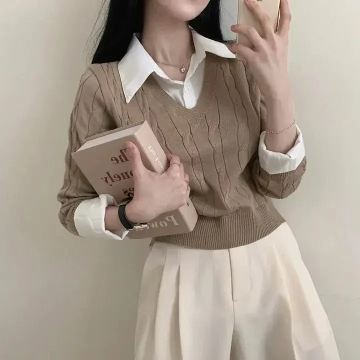 Mode Winter Gestrickte Pullover Frauen Casual V-ausschnitt Pullover Alle-spiel Weibliche Kleidung Lose Gefälschte Zwei Artikel Kurze Tops Jumper.