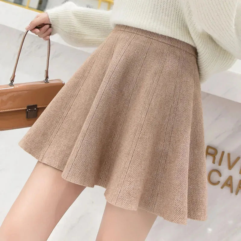 Solid Color Basic Knitted Mini Skirts Women New Autumn Winter Elastic Waist A-Line Skirts Ladies Korean All Match Pleated Skirt.