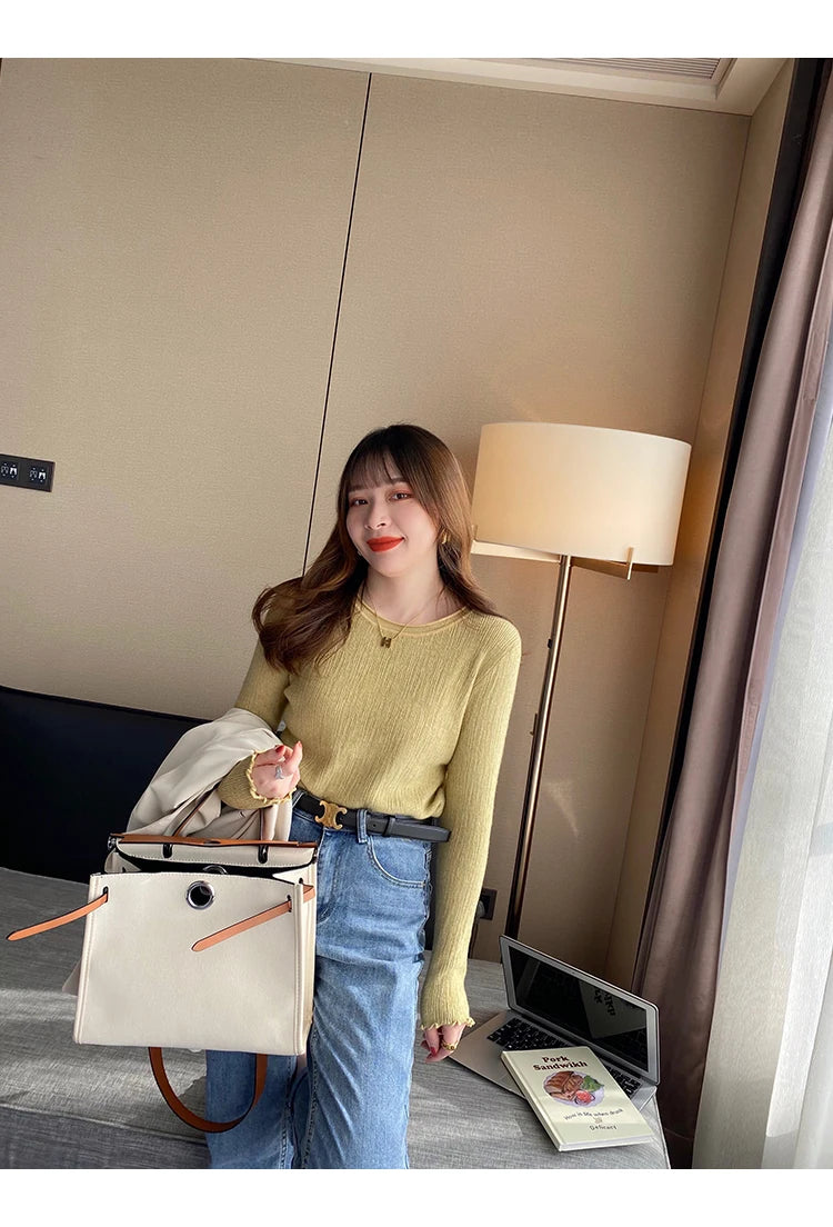 2025Oansatz Rippen Langarm Koreanische Dünne Weibliche Pullover Frauen Pullover Stricken Weiche Jumper Tops Geraffte Herbst Winter Tops.