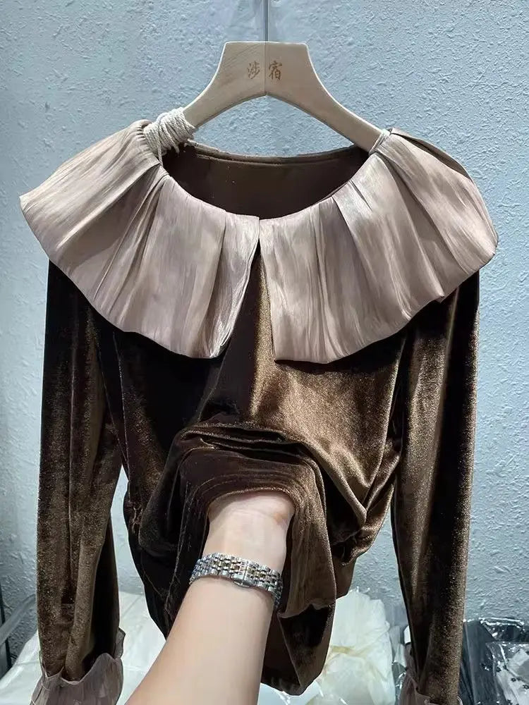 Autumn Korean Patchwork Solid Color Peter Pan Collar T-Shirts Female Temperament Ruffles T-Shirts Women Clothing All-match Tops.