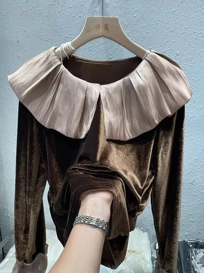 Autumn Korean Patchwork Solid Color Peter Pan Collar T-Shirts Female Temperament Ruffles T-Shirts Women Clothing All-match Tops.