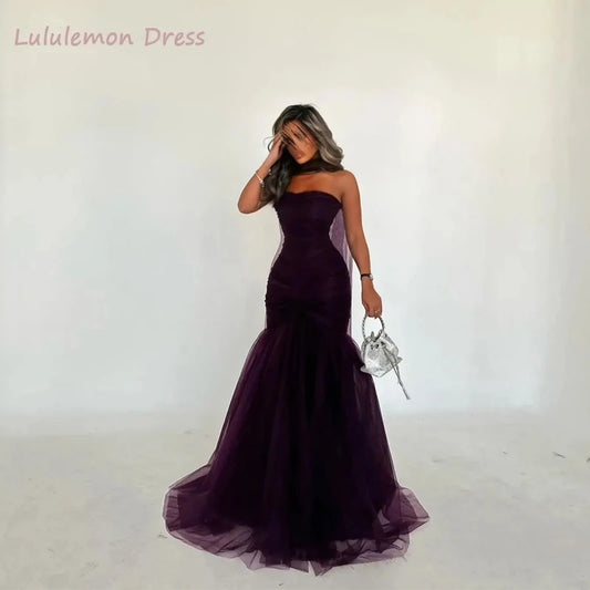 Maßgeschneiderte lila Abendkleider, bodenlang, Party, Meerjungfrau, lange Seidenschals, Robes de Soirée, trägerloses Hochzeitskleid.