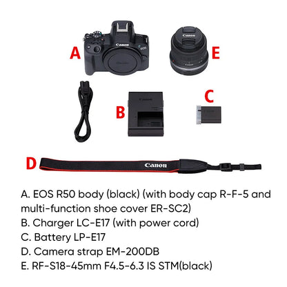 Canon EOS R50 Mirrorless Camera RF-S18-45mm F4.5-6.3 is STM Lens Kit 24.2 Megapixel CMOS (APS-C) Sensor 4K Video Content Creator.