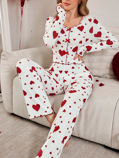 Autumn Winter 2 Pieces Pajamas Sets for Women Sleepwear Heart Print Long Sleeve Tops with Long Pants Trouser Set Pyjamas.