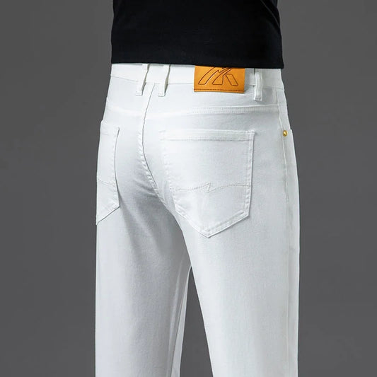 2024 New Summer Thin Men's Straight Denim Cotton Stretch Creamy-white Jeans Classic Business Pants Fashion Trousers Male Brand.
