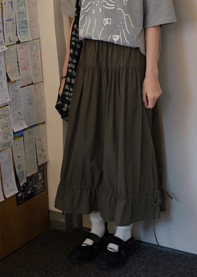 Vintage Black Midi Skirt Women Japanese Harajuku Drawstring Bud Skirts Summer Streetwear Korean Casual Design A Line Faldas New