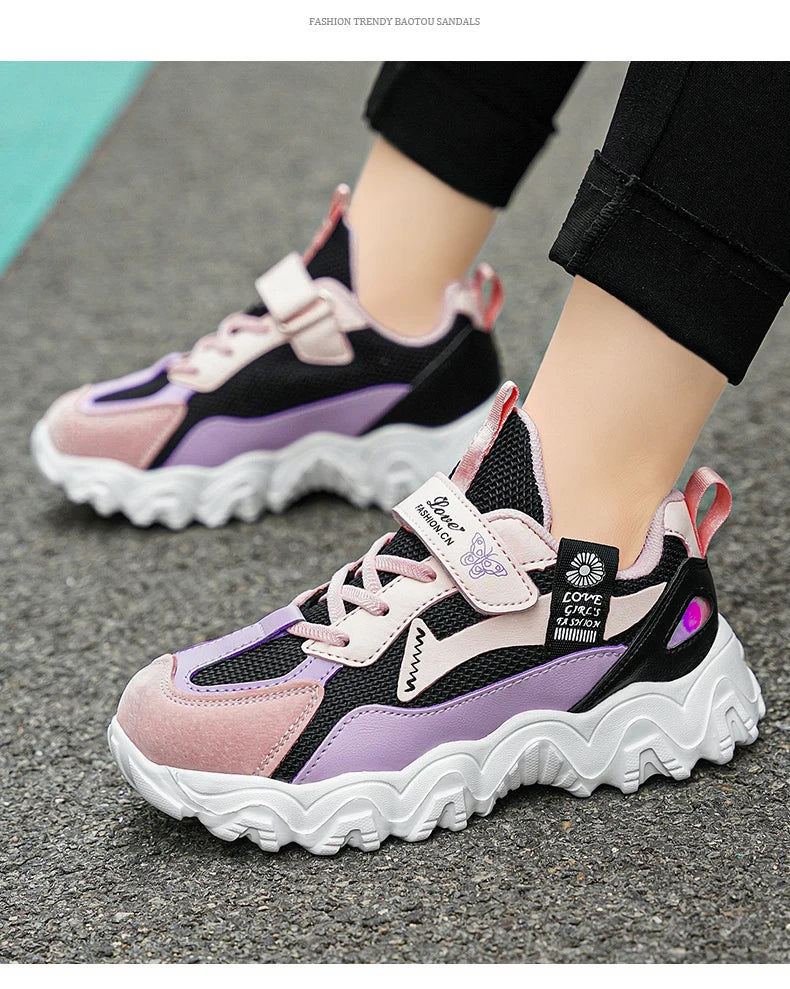 Fashion Children Shoes Girls Sneaker Black Pink PU Leather Platform Casual Sneaker School Tennis Sports Shoes for Girls.