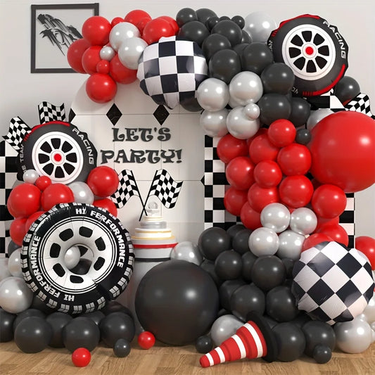 109 Stück Rennwagen-Themen-Ballon-Girlandenbogen-Set, karierter Reifen, rot, schwarz, Latex-Luftballons für Geburtstagsfeier des Jungen, Babyparty-Dekoration.