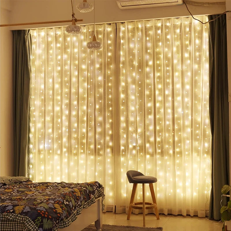 300 LED-Vorhang-Lichterkette, 8 Modi, USB-Stecker, Kupferdraht, Lichterkette für Schlafzimmer, Fenster, Weihnachten, Hochzeit, Party, warmweiß.