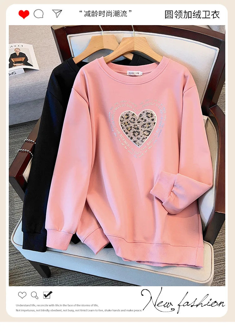175 kg Übergröße Damen Büste 170 Frühling Winter Lose Rundhals Langarm Bedrucktes Sweatshirt Schwarz Rosa 5XL 6XL 7XL 8XL 9XL.