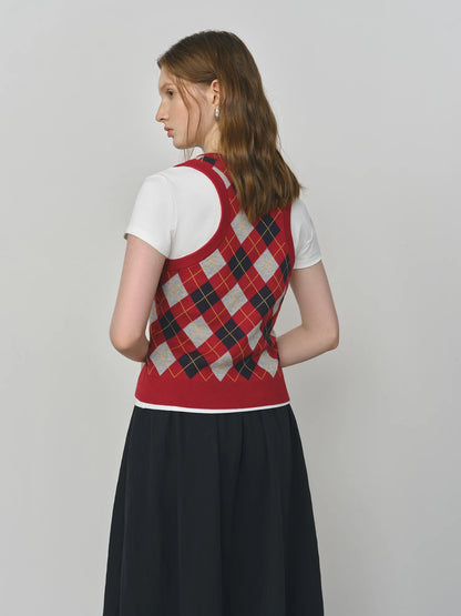 FSLE Plaid Rot Grau V-ausschnitt Gestrickte Weste Top für Frauen 2025, Herbst Neue Ankunft Retro College Stil Oberbekleidung Weste 25FS13248.