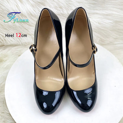 Round Toe Stiletto Shoes For Women Black Mary Jane Shoes 10CM 12CM Thin High Heels Spring Autumn Buckle Strap Fashion Sexy Pumps.