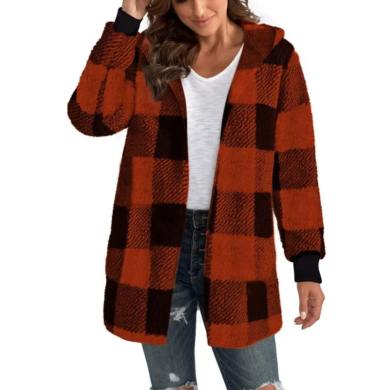 Frauen Herbst Winter Doppel Fleece Plaid Strickjacke Weiche Lose Lange Hülse Plüsch Warme Mit Kapuze Jacke Weibliche Patchwork Oberbekleidung Mantel.