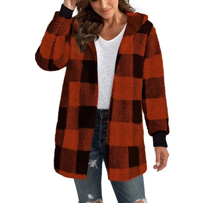 Frauen Herbst Winter Doppel Fleece Plaid Strickjacke Weiche Lose Lange Hülse Plüsch Warme Mit Kapuze Jacke Weibliche Patchwork Oberbekleidung Mantel.