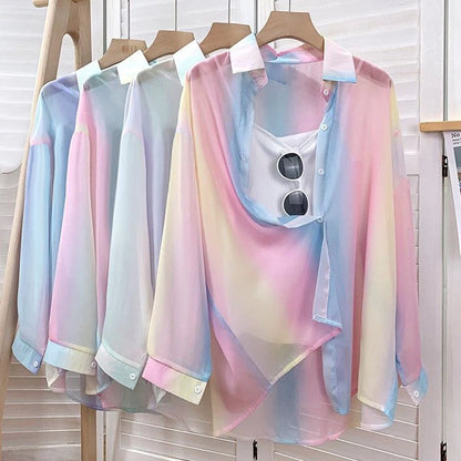 Irregular Gradient Rainbow Long Sleeved Shirt And Blouses Thin Youthful Women's Clothing Loose Top Pink Casual Transparent New.