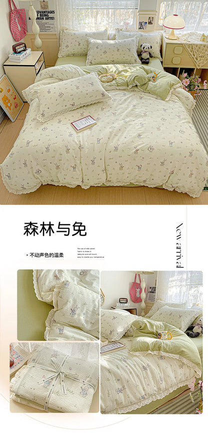 2025 new small fresh printing French lace lace double four-piece set bedding wrinkled yarn student three-piece set