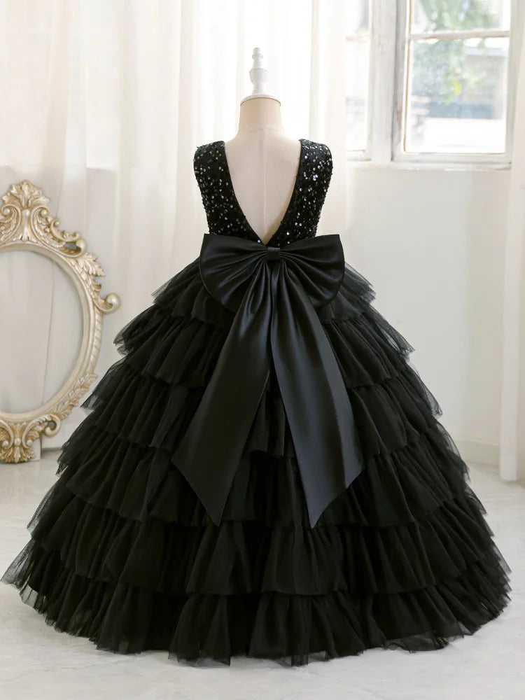 Mode Pailletten Mädchen Prinzessin Kleid Geburtstag Party Mädchen Layered Schwarz Hochzeit Kleid Für Kinder Elegante Klavier Leistung Kleid.