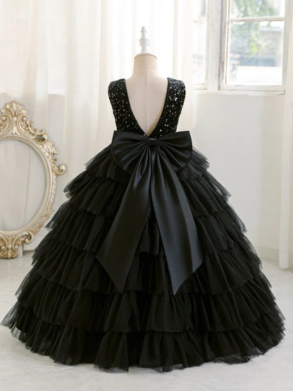 Mode Pailletten Mädchen Prinzessin Kleid Geburtstag Party Mädchen Layered Schwarz Hochzeit Kleid Für Kinder Elegante Klavier Leistung Kleid.
