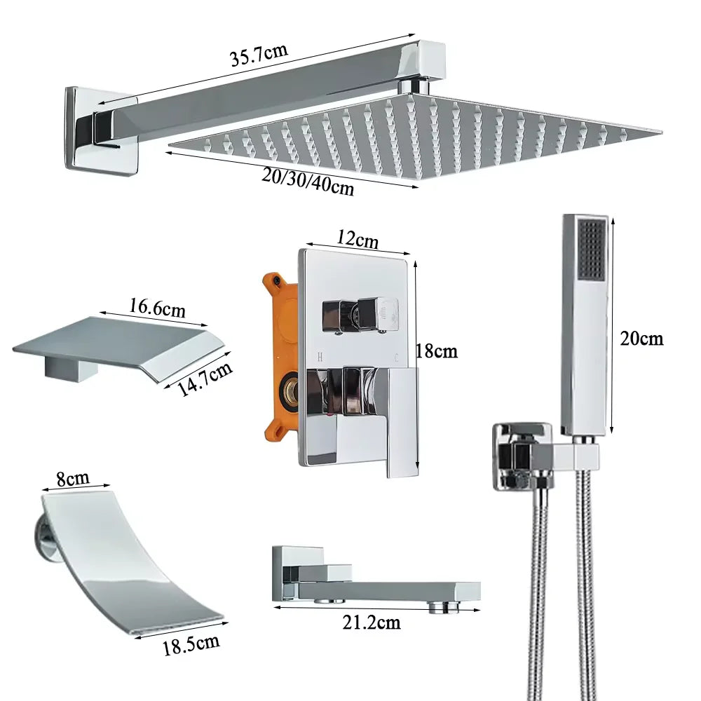 Chrome Rainfall Shower Faucet Set Bathroom Stainless Steel Wall Mounted Concealed 16 Inch Shower System Hot Cold Water Mixer Tap