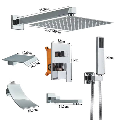 Chrome Rainfall Shower Faucet Set Bathroom Stainless Steel Wall Mounted Concealed 16 Inch Shower System Hot Cold Water Mixer Tap