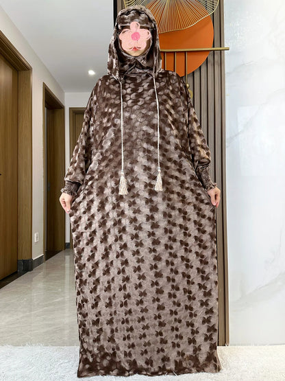 High Quality Velvet Fabric 2025 Ramadan Muslim Lady's Abaya Two-Hats Dubai Turkey Style Islamic Prayer Clothing Kaftan Dress