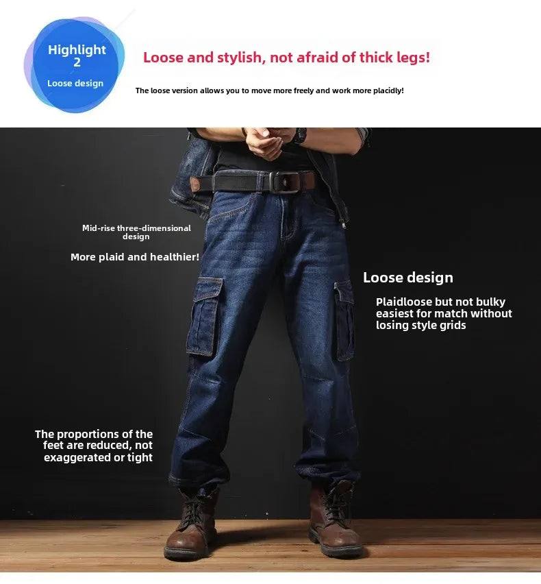 Men's Autumn/Winter Multi-Pocket Straight-Leg Cargo Pants Loose Fit Plus Size Plus Beefy Jeans Casual Comfortable Denim Trousers.