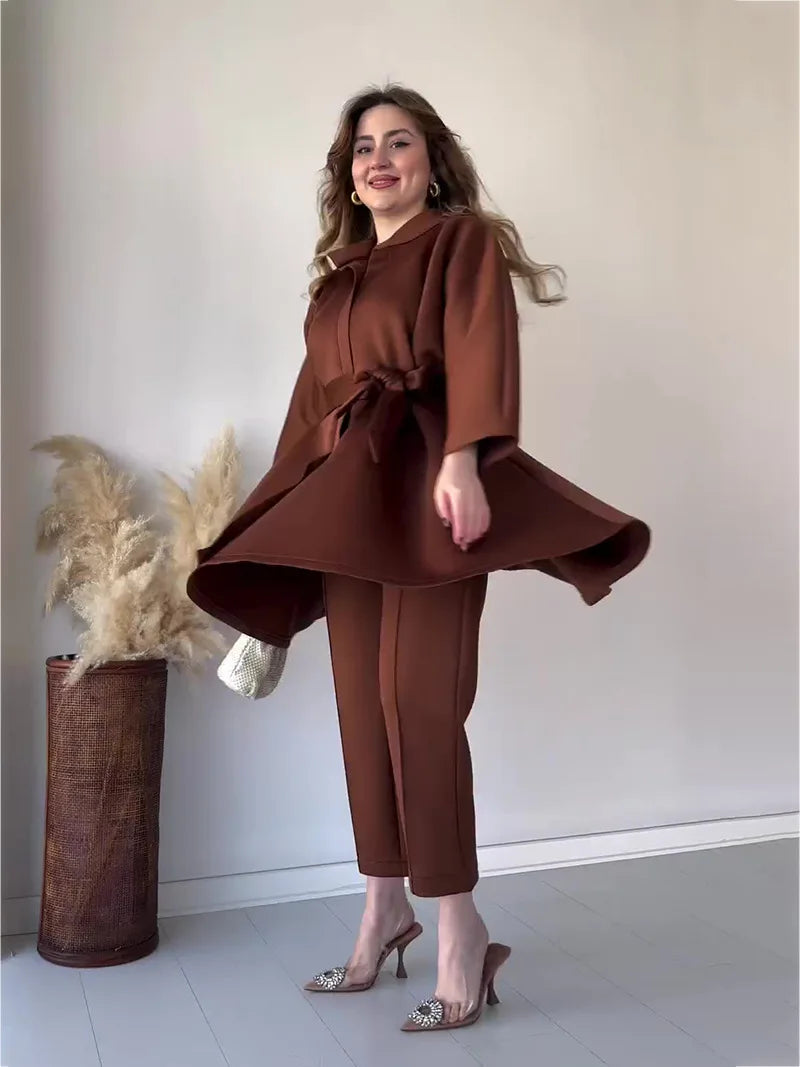 Ramadan Eid Muslim Two Piece Set Lace-up Long Shirt with Pants Women Suits Shirt Blouse Musulman Ensembles Islamic Dress Sets.