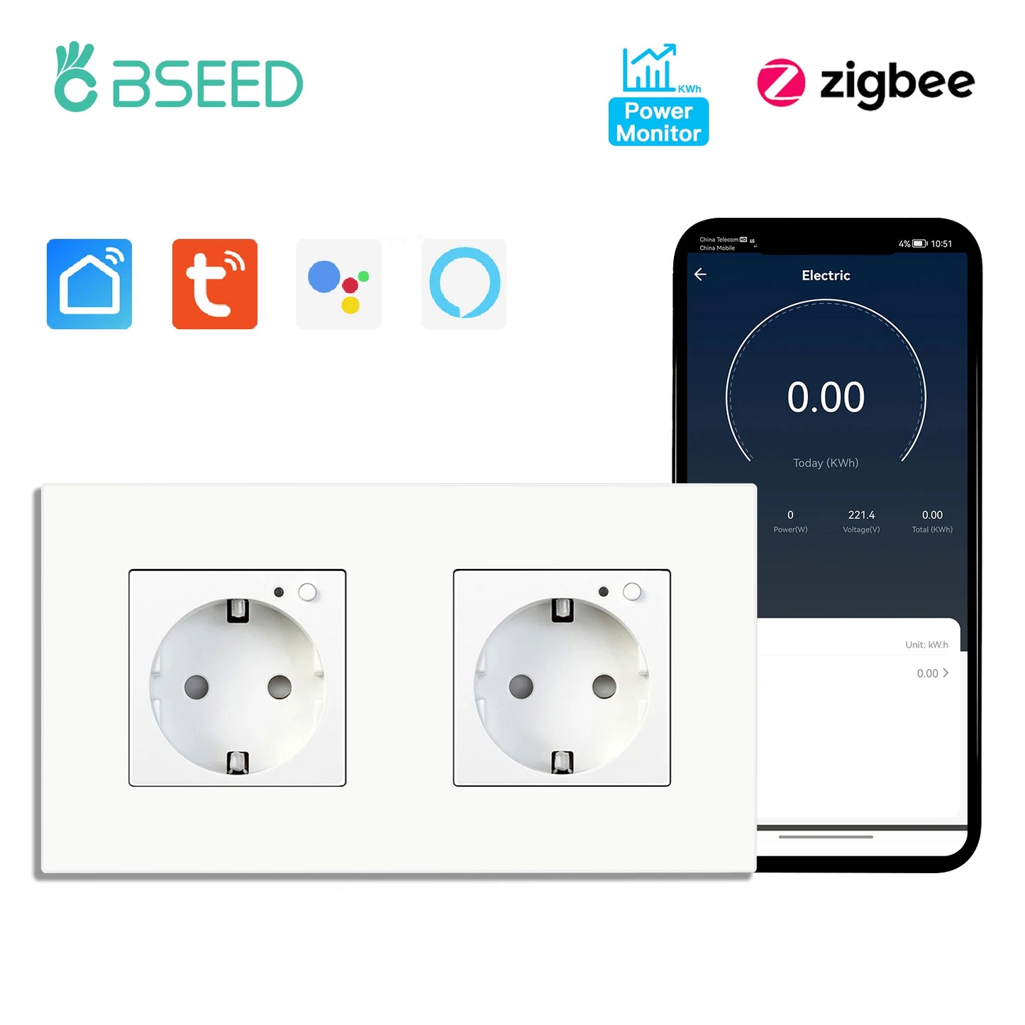 BSEED Zigbee Smart AC Steckdose EU Steckdosen mit USB Typ-c Schnellladeanschlüssen Tuya Smart Life Alexa App Kunststoffrahmen Weiß.