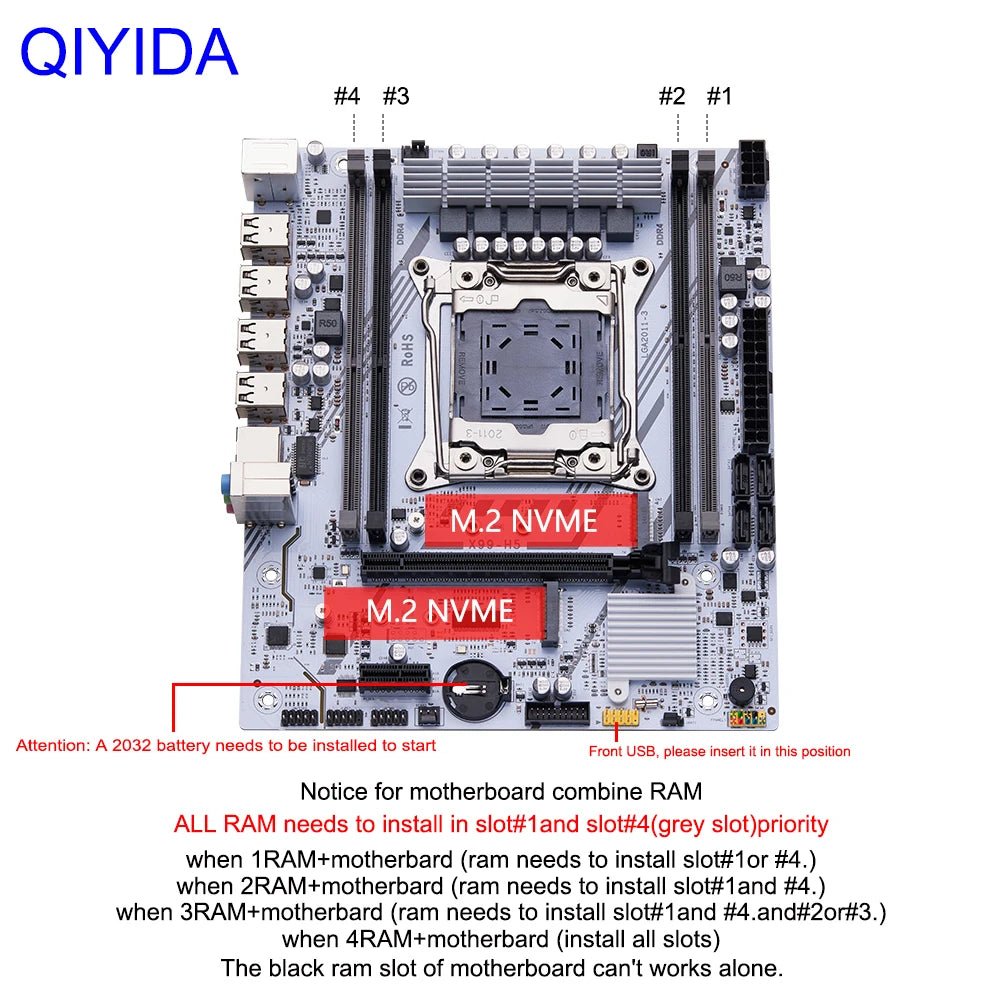 QIYIDA X99 Motherboard Set Kit Xeon LGA2011-3 E5 2680 V4 2x8gb=16GB DDR4 SATA PCI3.0 NVME M.2 X99H5 Gaming Computer.
