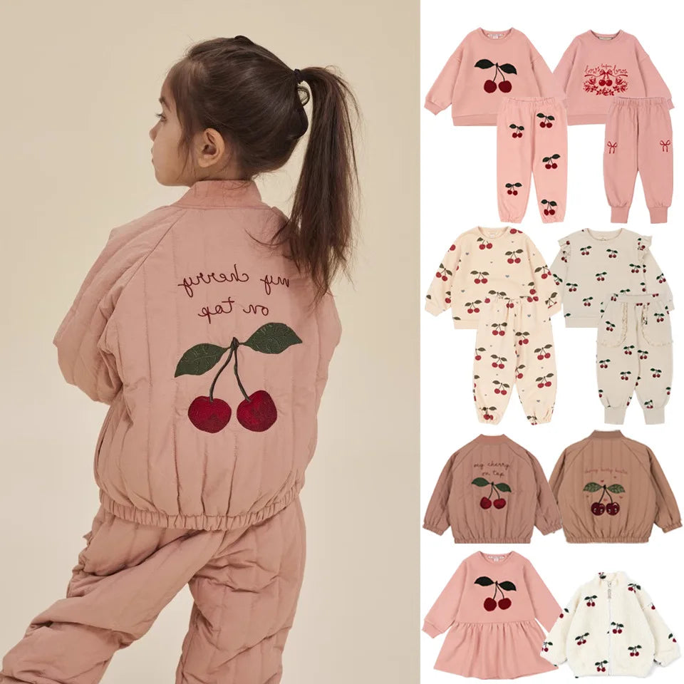Konges Slojd AW Baby Girls Sweatshirts + Pants 2 Pcs Sets Lambswool Cherry Jackets Kids Clothes Girls Print Dresses Coats 1-9Yrs.