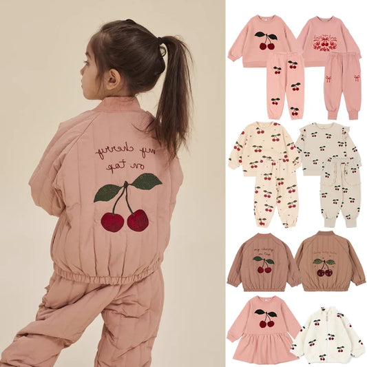 Konges Slojd AW Baby Girls Sweatshirts + Pants 2 Pcs Sets Lambswool Cherry Jackets Kids Clothes Girls Print Dresses Coats 1-9Yrs.
