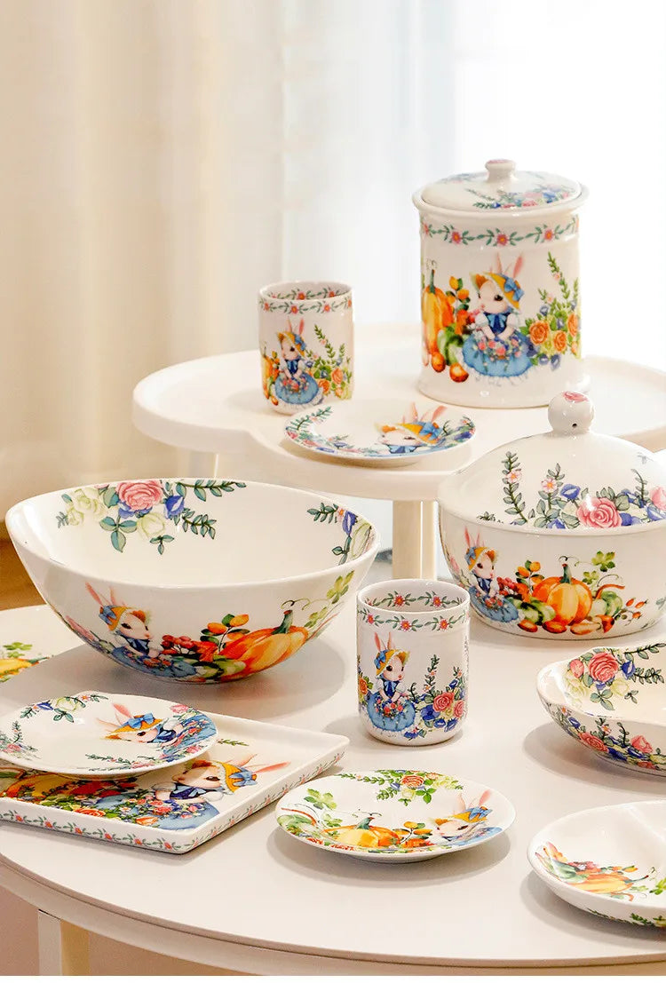 Creative Pumpkin Rabbit Pattern Tableware Garden Style Ceramic Plate Home Cute Dinner Plate Salad Bowl Kitchen Accessories.