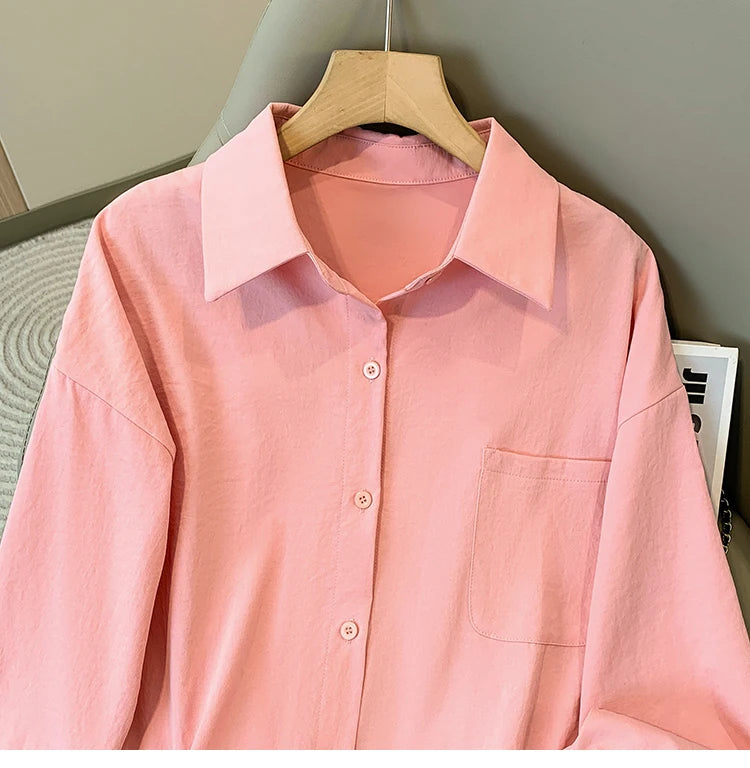 Plus Size Women's Blouses 2025 Spring Autumn Simple Lady Shirts Long Sleeve Big Pockets Shirt Loose Casual Tops