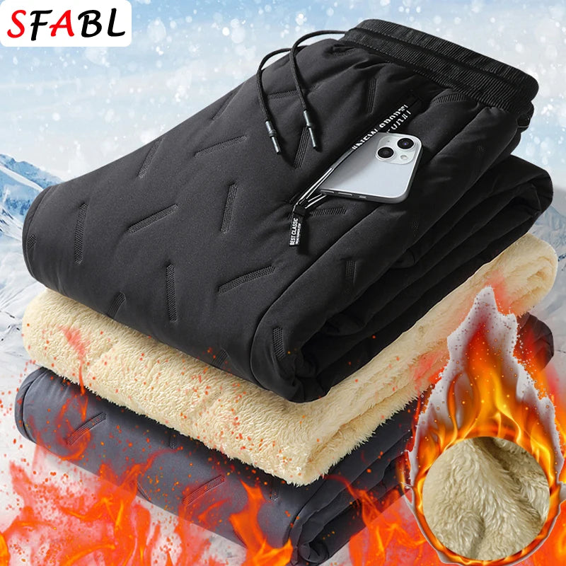 New Fleece Warm Winter Men's Pants Casual Thicken Joggers Pants for Men Thermal Padded Trousers Black Sweatpants Men Waterproof.