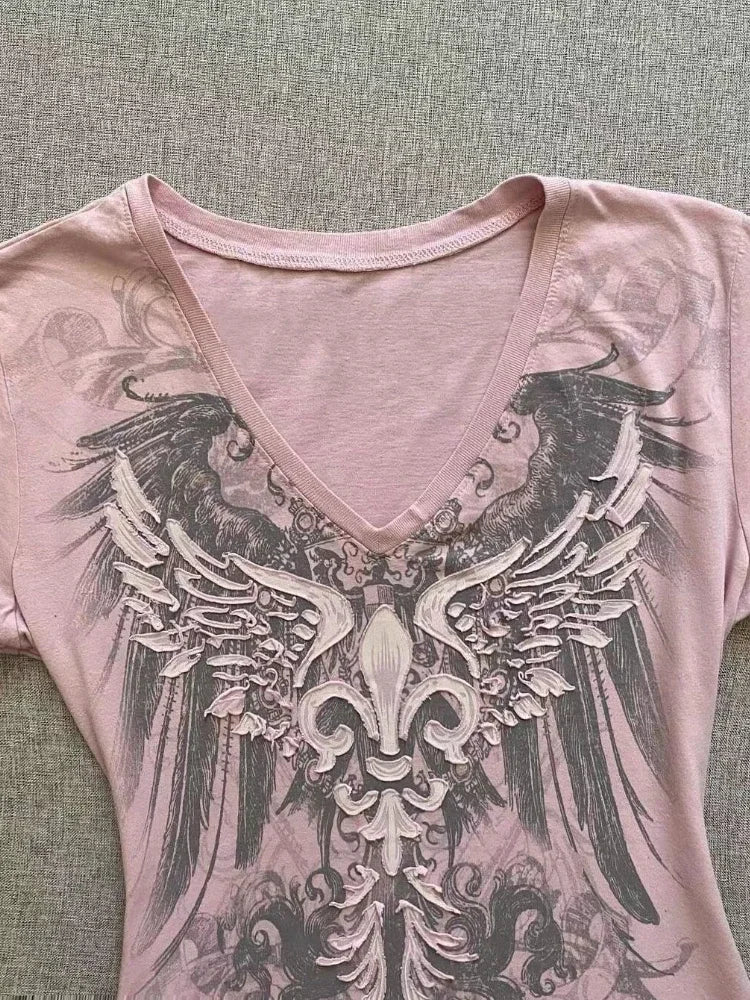 2025 Ropa Mujer Summer Tshirts for Women V-neck Short Sleeve Tunic Camisetas Pink Print Tees Crop Tops Casual Chic Y2k T-shirt.