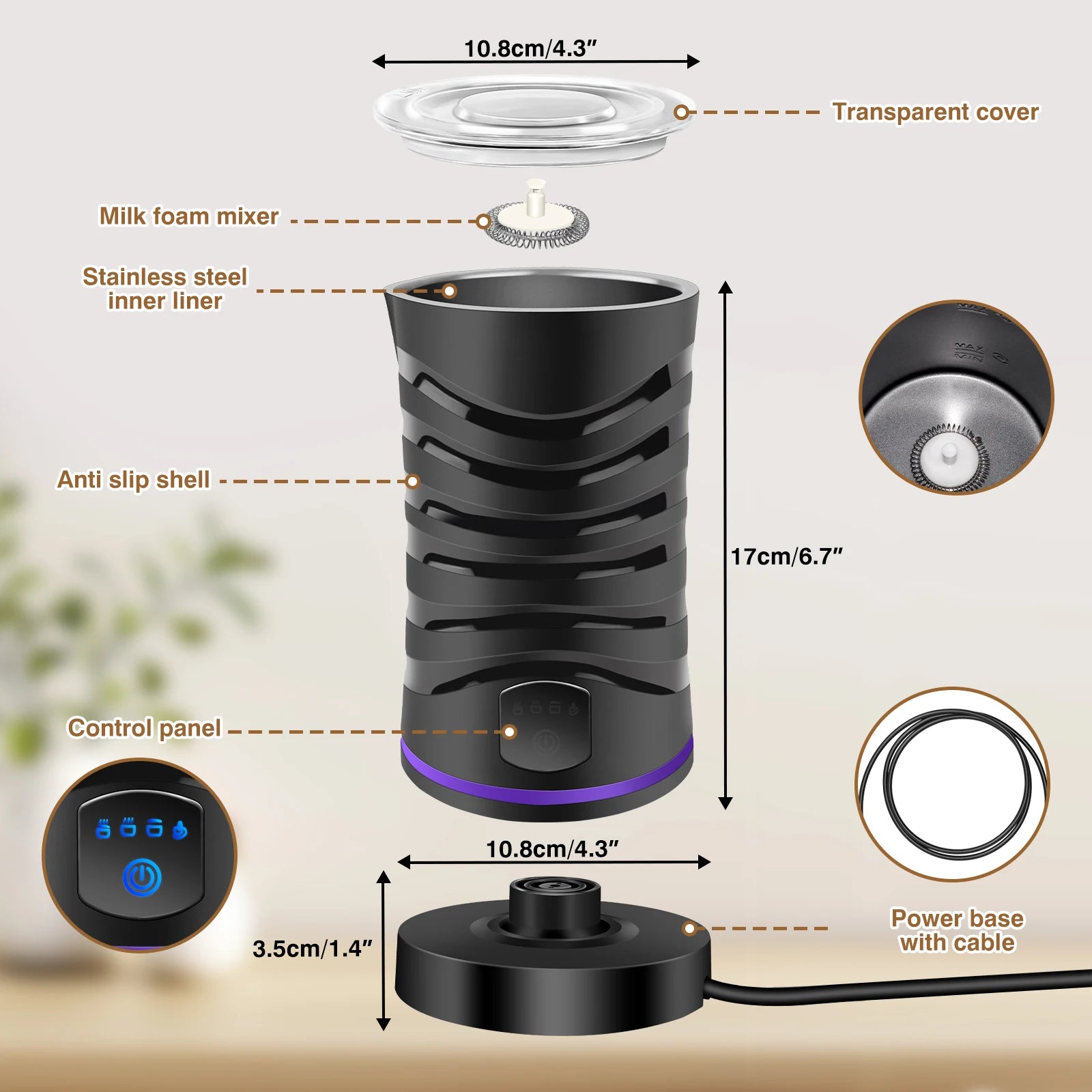 4 in 1 Automatic Milk Frother Electric, 600ml Capacity Hot & Cold Milk Foamer, Silent Operation for Coffee Cappuccino Chocolatte.