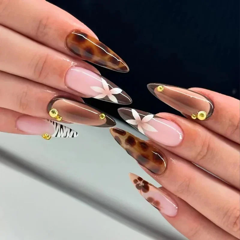 24pcs French Almond Press on Nails Leopard Print False Nails 3D Bow Wearable Stick-on Nails Fake Nail Uñas Накладные Ногти 네일팁