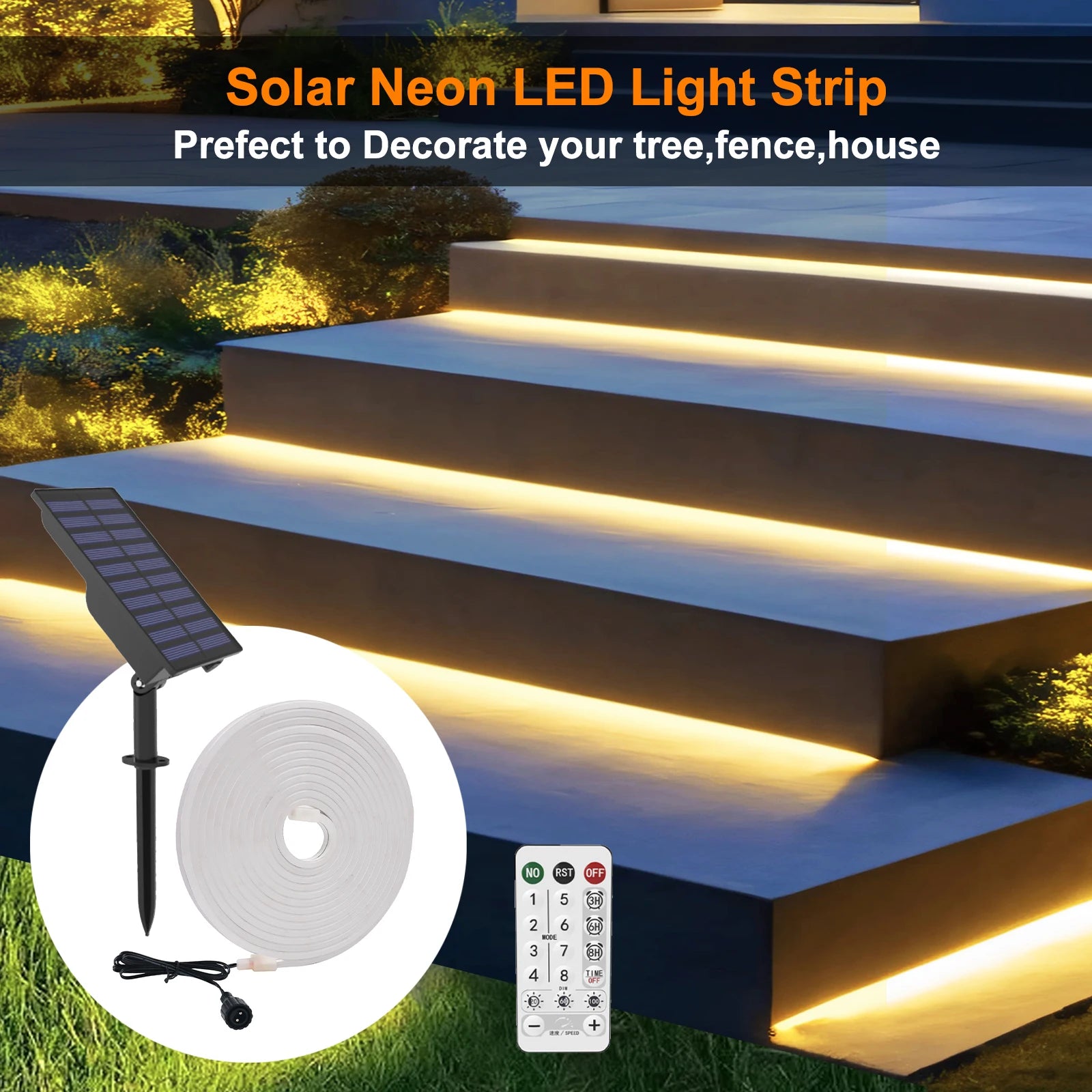 10M Solar Neon LED Strip Outdoor Pool IP67 Waterproof Flexible 2835 LED Tape Light Sign With Remote 24V 120LEDs/M Tube Diode.