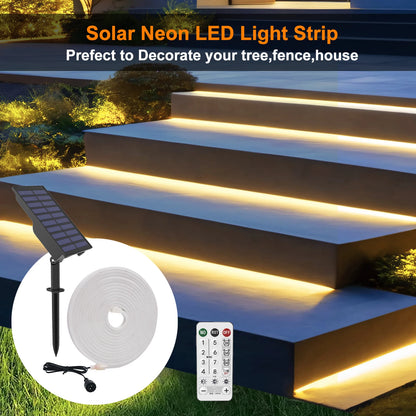 10M Solar Neon LED Strip Outdoor Pool IP67 Waterproof Flexible 2835 LED Tape Light Sign With Remote 24V 120LEDs/M Tube Diode.